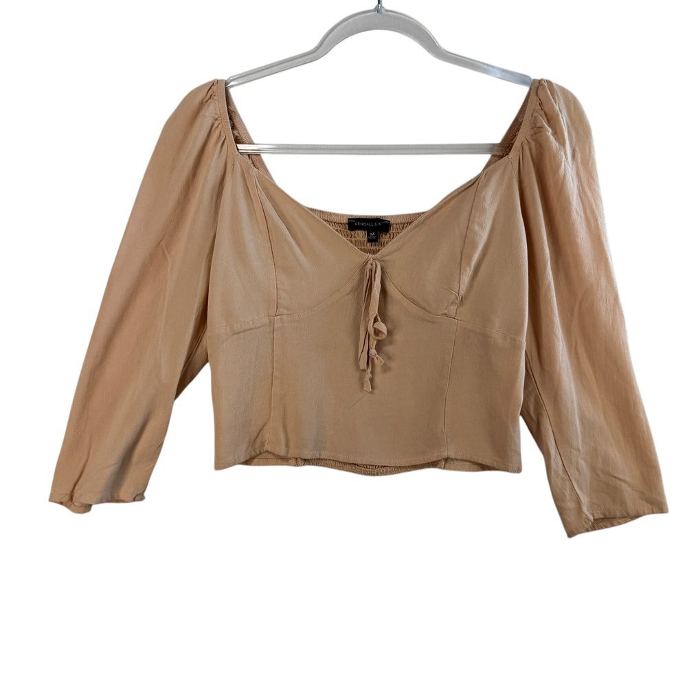 Kendall & Kylie Beige Smocked Crop Top Tie Front Coquette Soft Girl Fairy M